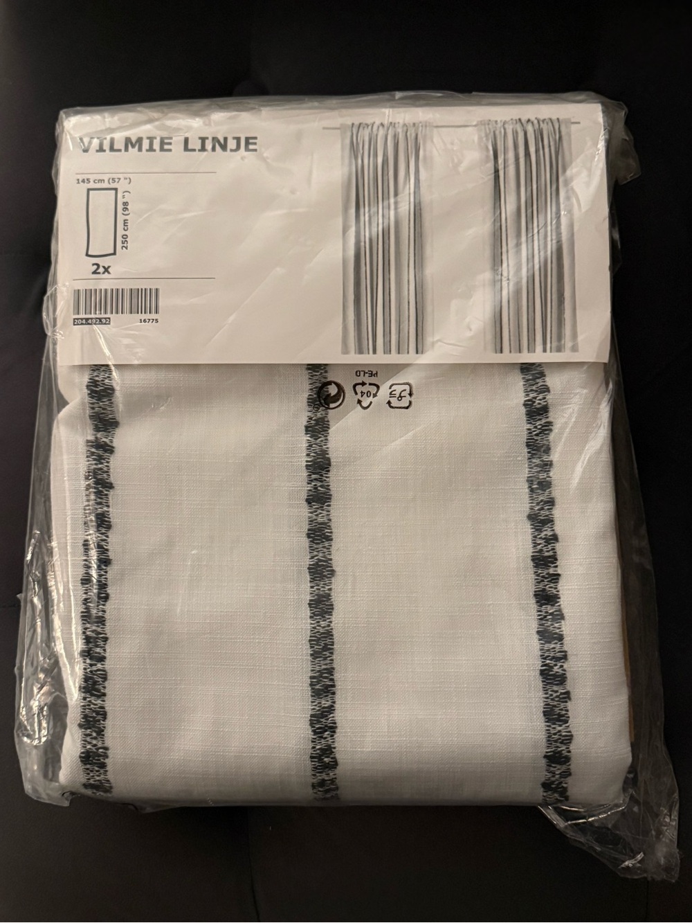 IKEA VILMIE LINJE - 2 White Curtains Black Vertical Stripes 57”x98” NEW IN PKG